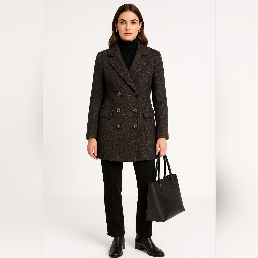 Jaeger Vintage Wool Double Breasted Tweed Pea Coat Gray Women's 6 Wooden Buttons